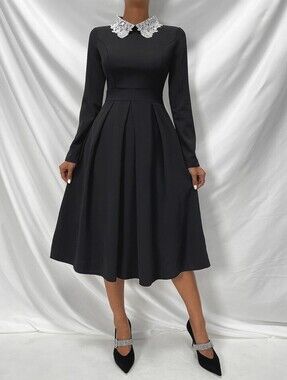SHEIN Black Long Sleeve Dress with White Lace Collar